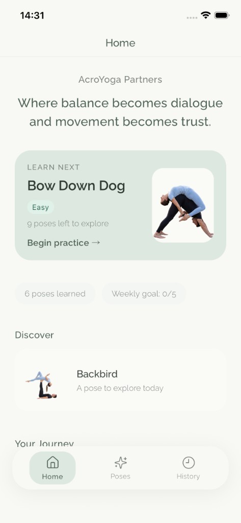AcroYoga Partners home dashboard showing a guided pose, weekly goal, and discovery card