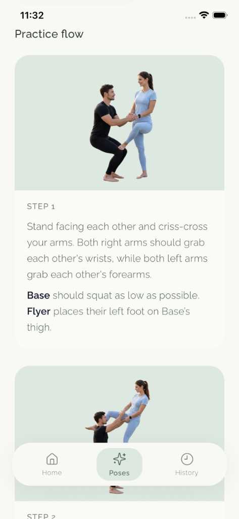 Practice flow screen showing step-by-step guided pose instructions for base and flyer