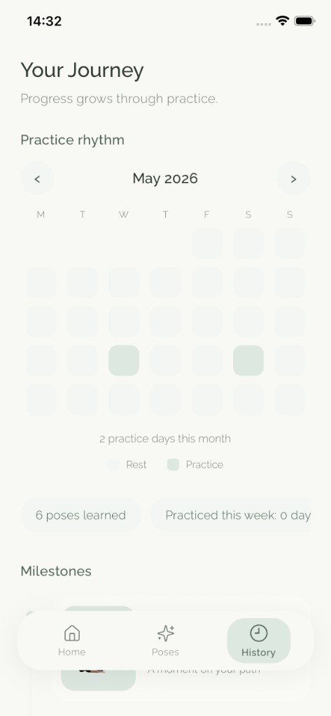 Practice calendar and journey screen in AcroYoga Partners