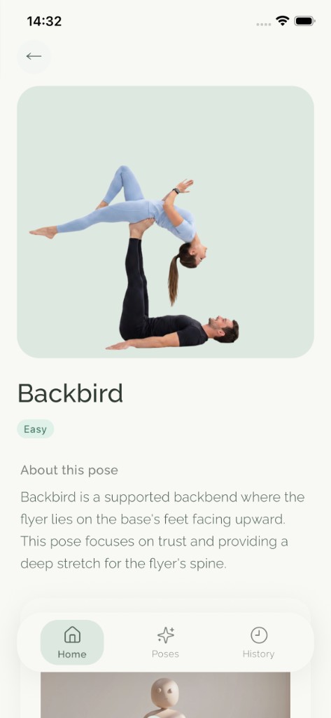 Backbird pose detail screen in AcroYoga Partners